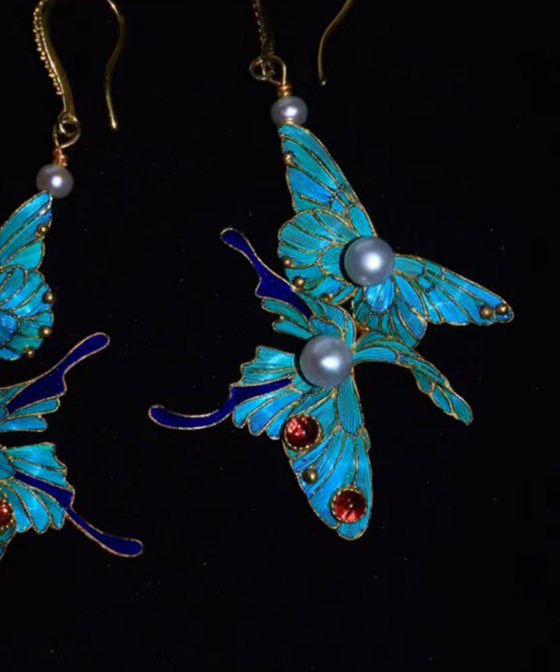 Fine Blue Sterling Silver Overgild Pearl Crystal Butterfly Drop Earrings
