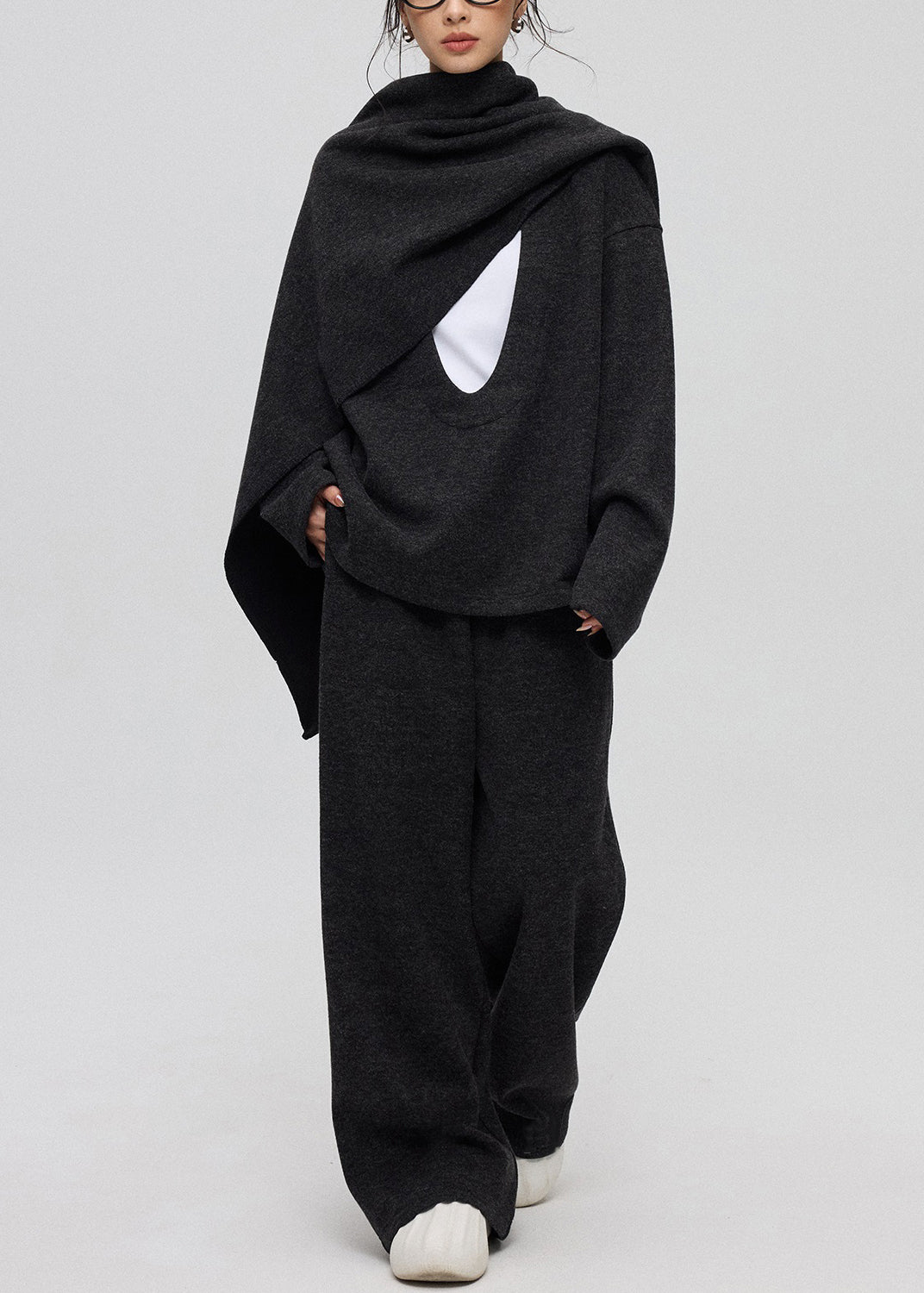 Dark Gray U Neck Cashmere Three Piece Set Winte