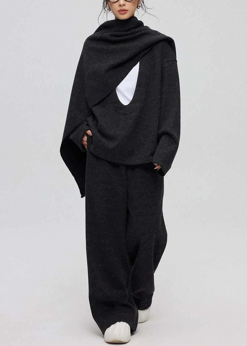 Dark Gray U Neck Cashmere Three Piece Set Winte