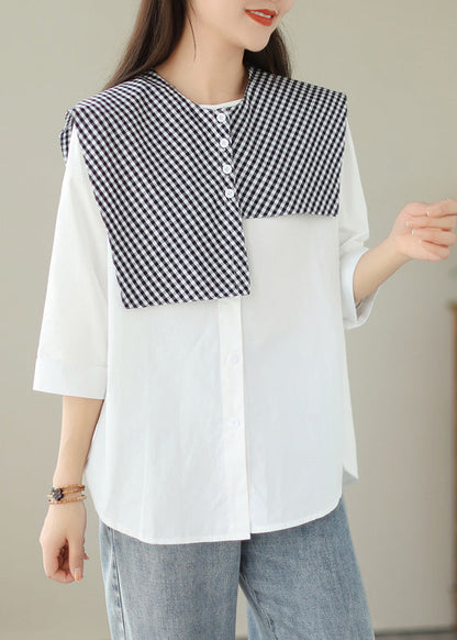 Organic White Plaid Button Shawl and Shirts Two Pieces Set Summer