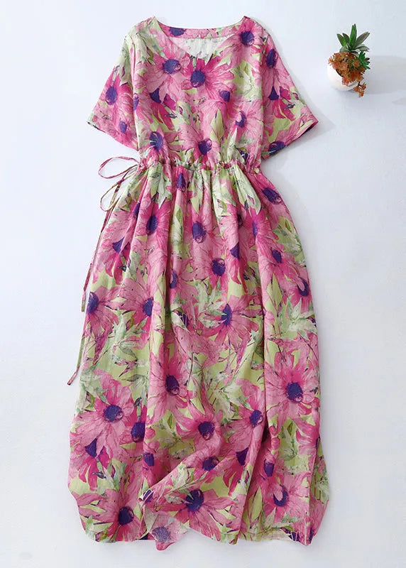 Pink Cinched Print Linen Vacation Dresses Summer