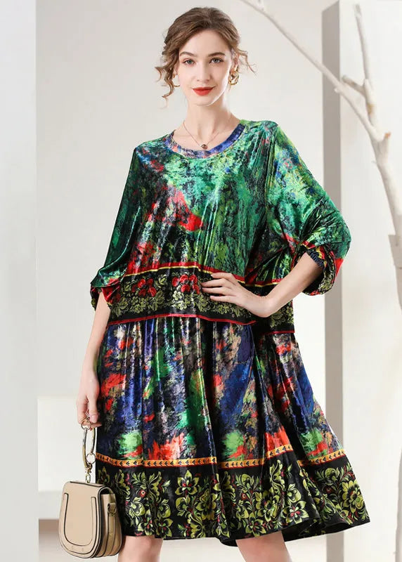 Boutique Green Oversized Print Silk Velour Dress Bracelet Sleeve