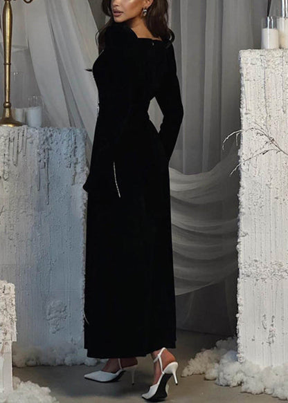 European and American Style Black Square Collar Velour Dresses Flare Sleeve