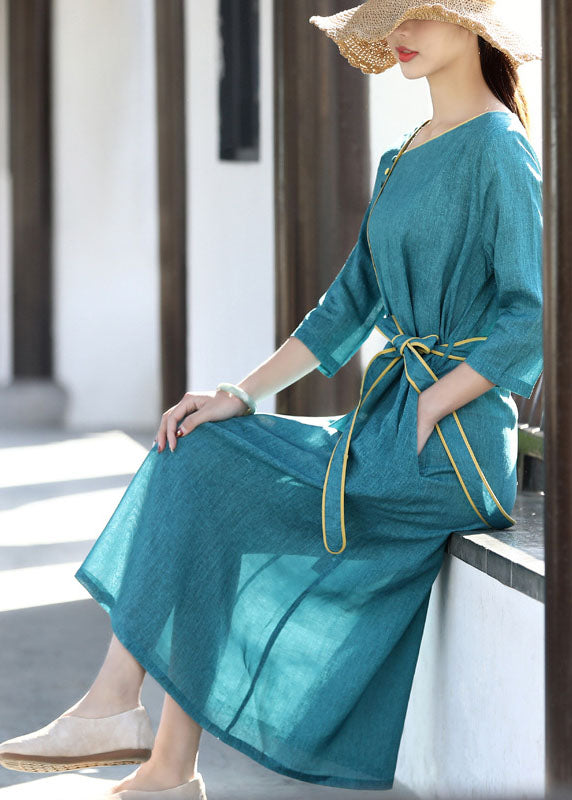 Blue Asymmetrical Patchwork Tie Waist Long Dress Half Sleeve