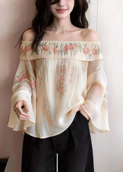 Beige Cold Shoulder Print Cotton Blouses Flare Sleeve