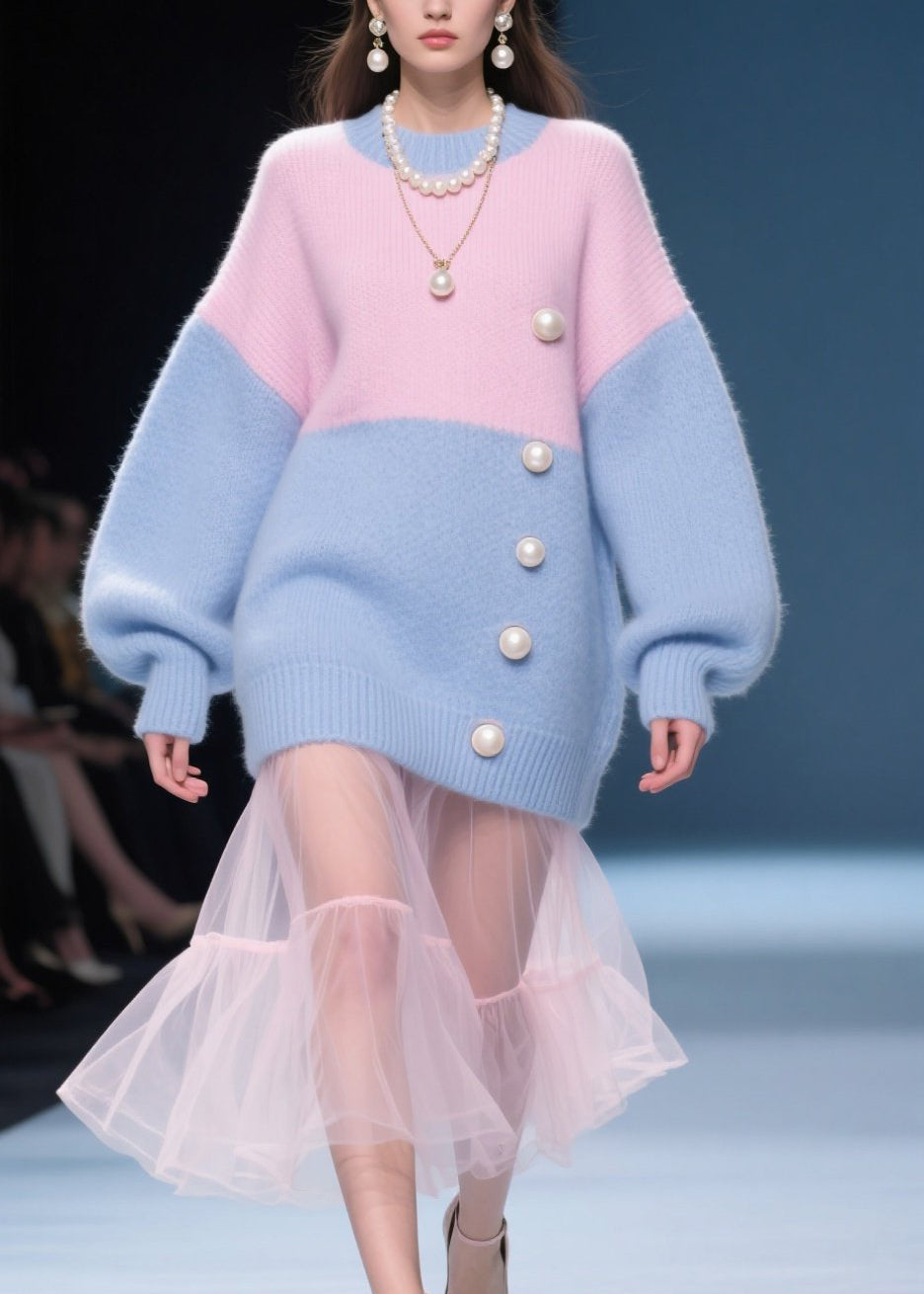 Colorblocko Neck Nail Bead Knit Sweater Tops Fall