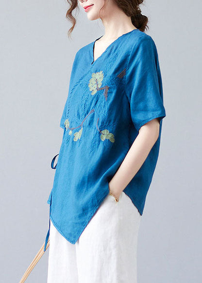 Blue Asymmetrical Shirt Tops Half Sleeve