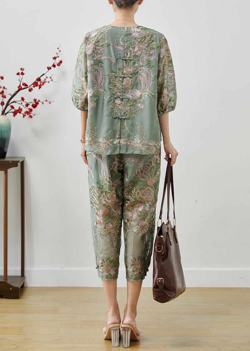 Green Embroidered Chinese Button Silk Two Pieces Set Summer