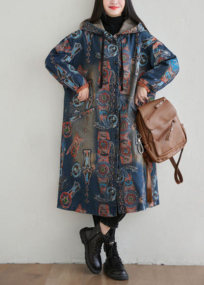 Navy Hooded Patchwork Print Denim Cardigan Spring