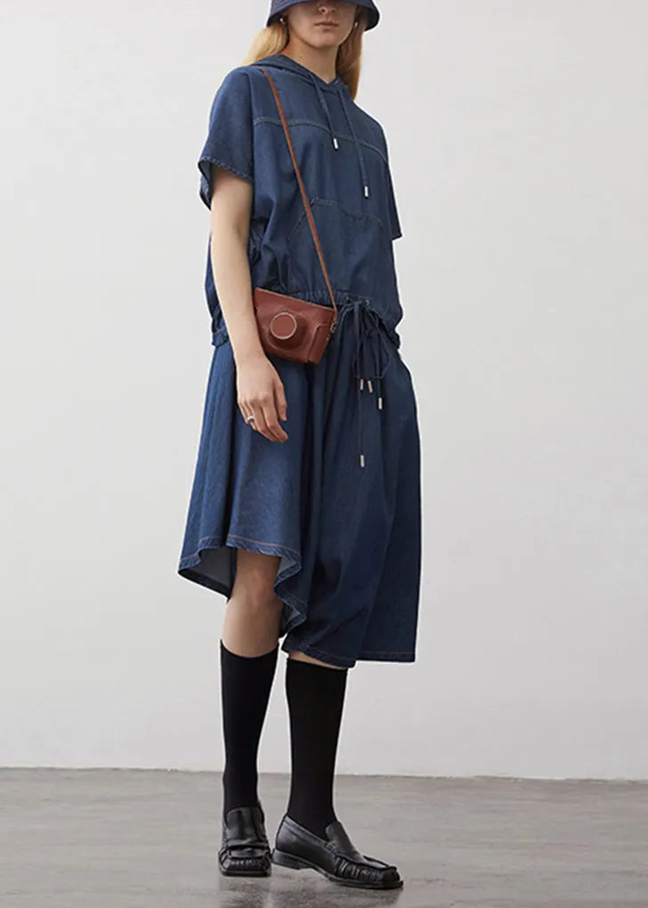 Boutique Navy Hooded Drawstring Patchwork Denim Two Pieces Set Summer