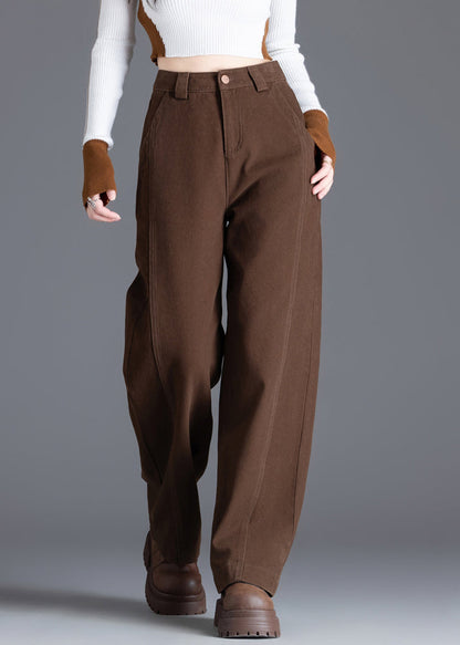 Coffee Pockets Denim Pants High Waist Spring