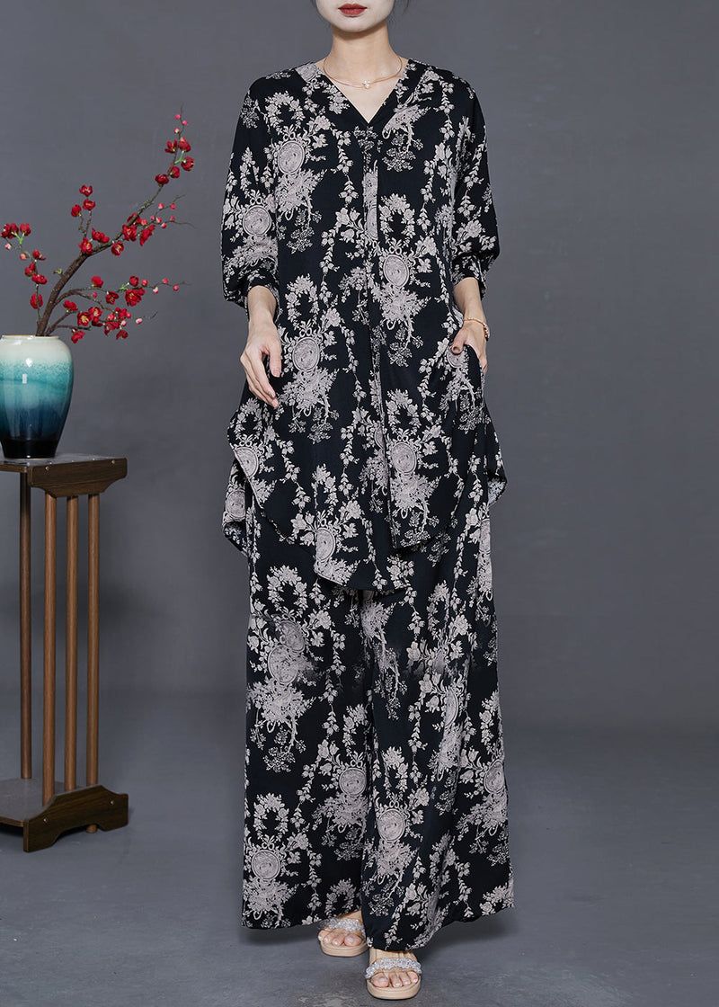 Black Print Silk Two Piece Set Clothing Oversized Spring