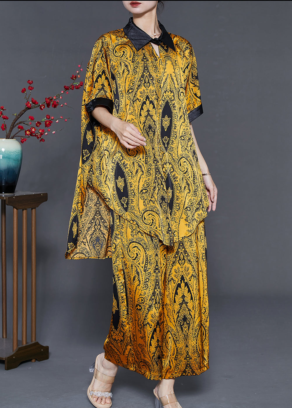 Style Yellow Oversized Print Silk Two Pieces Set Summer