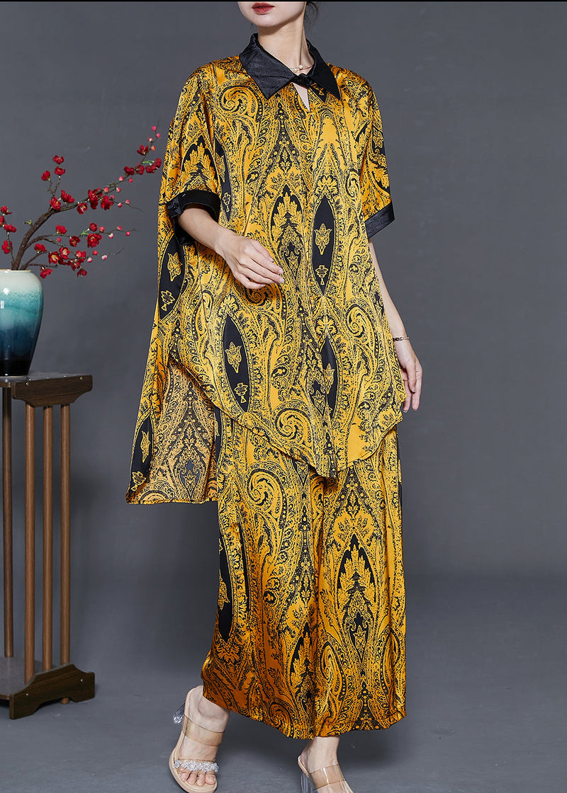 Style Yellow Oversized Print Silk Two Pieces Set Summer