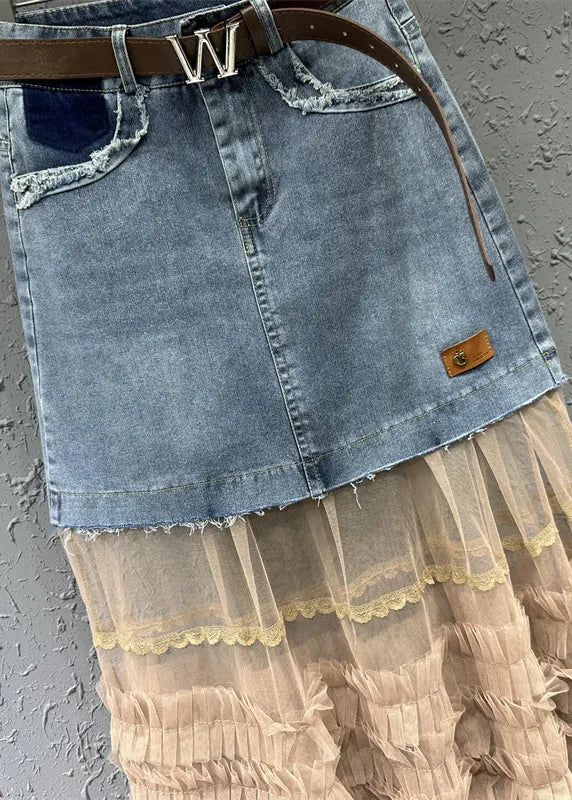 Colorblock Tulle Ruffled Pockets Patchwork Denim Skirt Fall