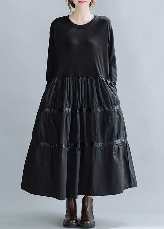 Loose Black O-neck Patchwork Cotton Holiday Dress Spring