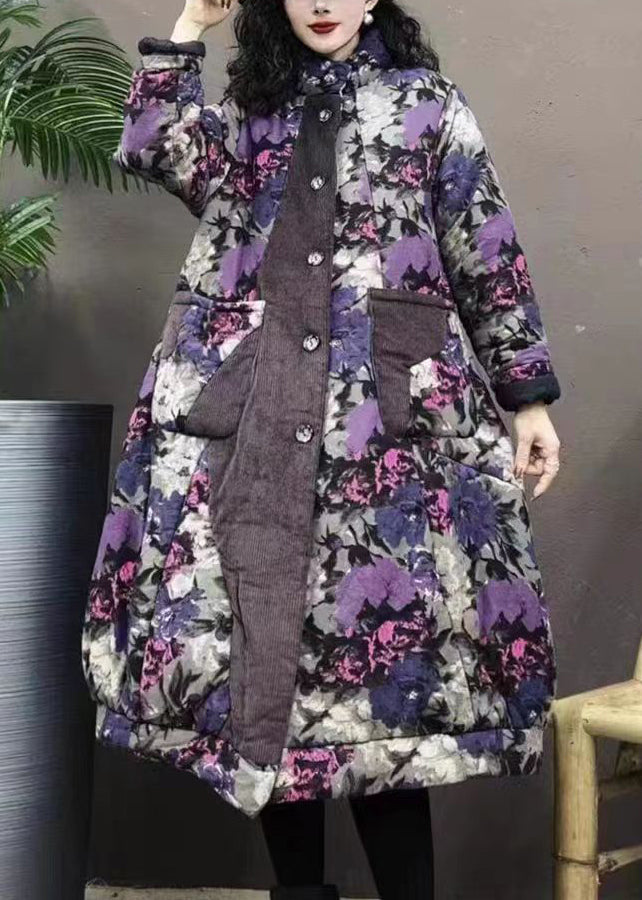 Purple Stand Collar Pockets Print Patchwork Warm Fleece Coat Winter