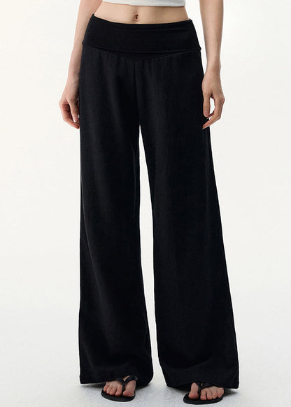 Black Cozy Linen Wide Leg Pants Elastic Waist
