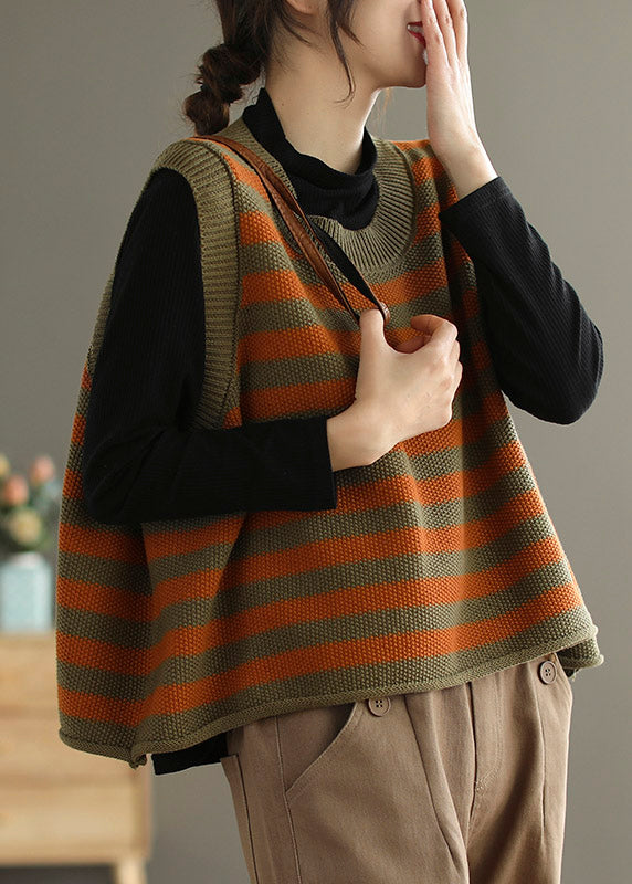 Orange O-neck Striped Knit Beach Vest Sleeveless