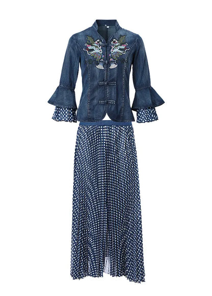 Blue Stand Collar Embroideried Patchwork Cotton Denim Coats Dot Print Chiffon Skirt Two Pieces Set Flare Sleeve