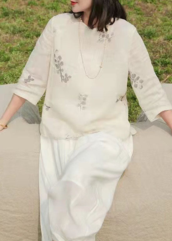 Handmade White O-neck Print Linen Tops Three Quarter Sleeve
