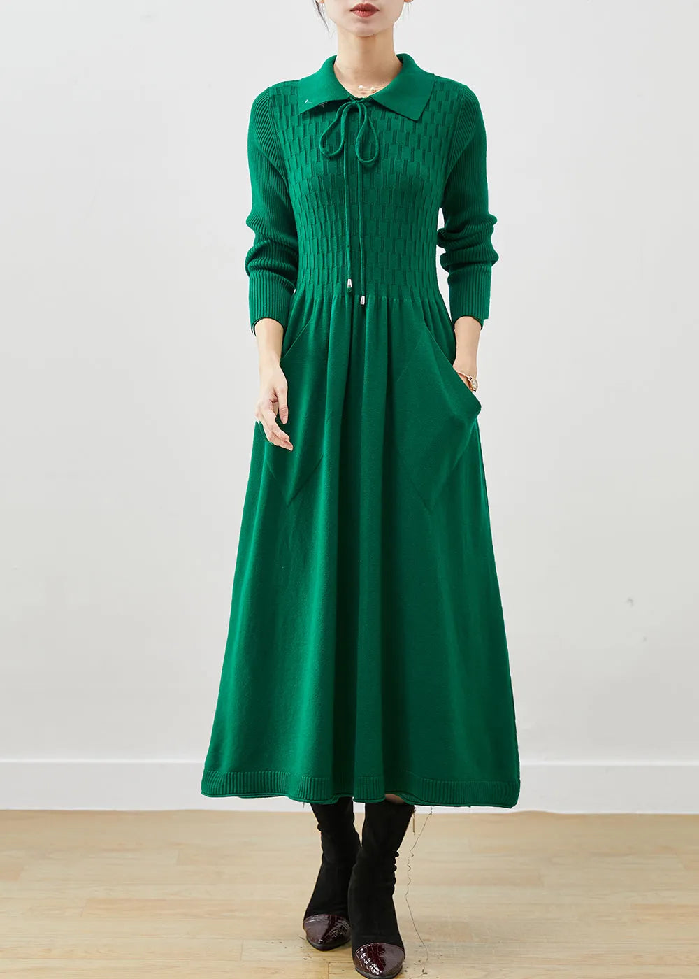 Blackish Green Lace Up Pockets Knit a Line Dresses Spring