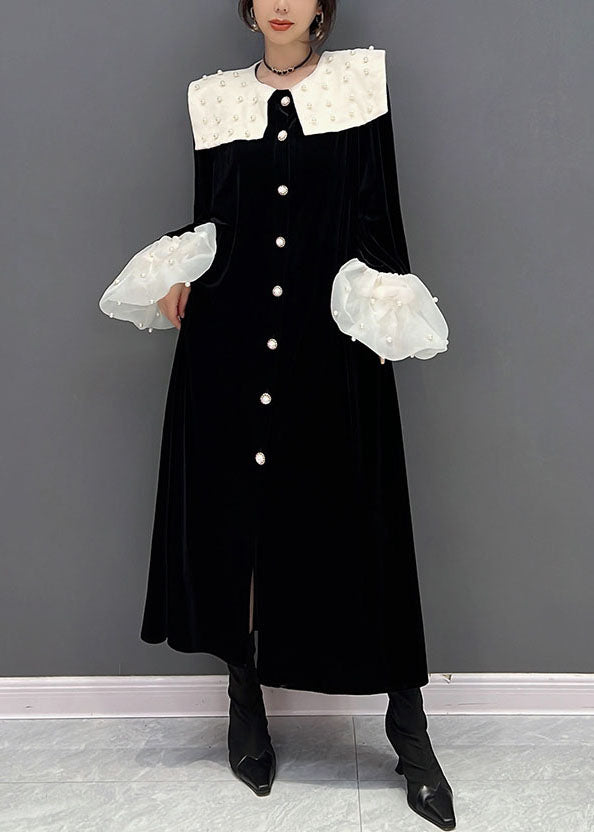 Black Peter Pan Collar Patchwork Nail Bead Silk Velour Dresses Spring