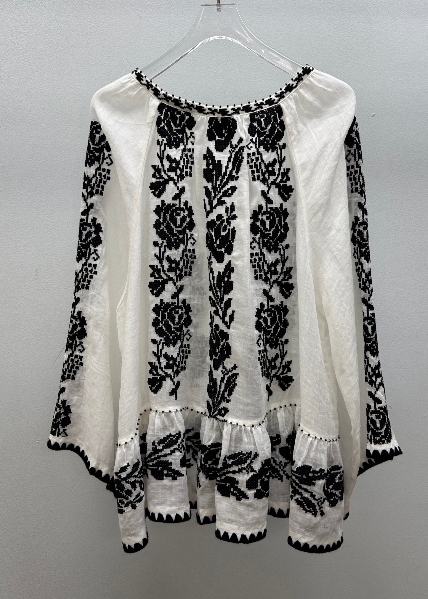 Handmade White V Neck Embroidered Linen Blouses Fall