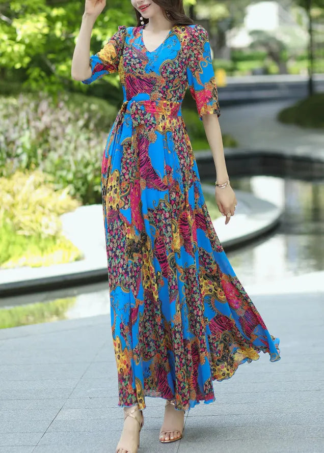 Blue V Neck Print Lace Up Chiffon Dress Summer