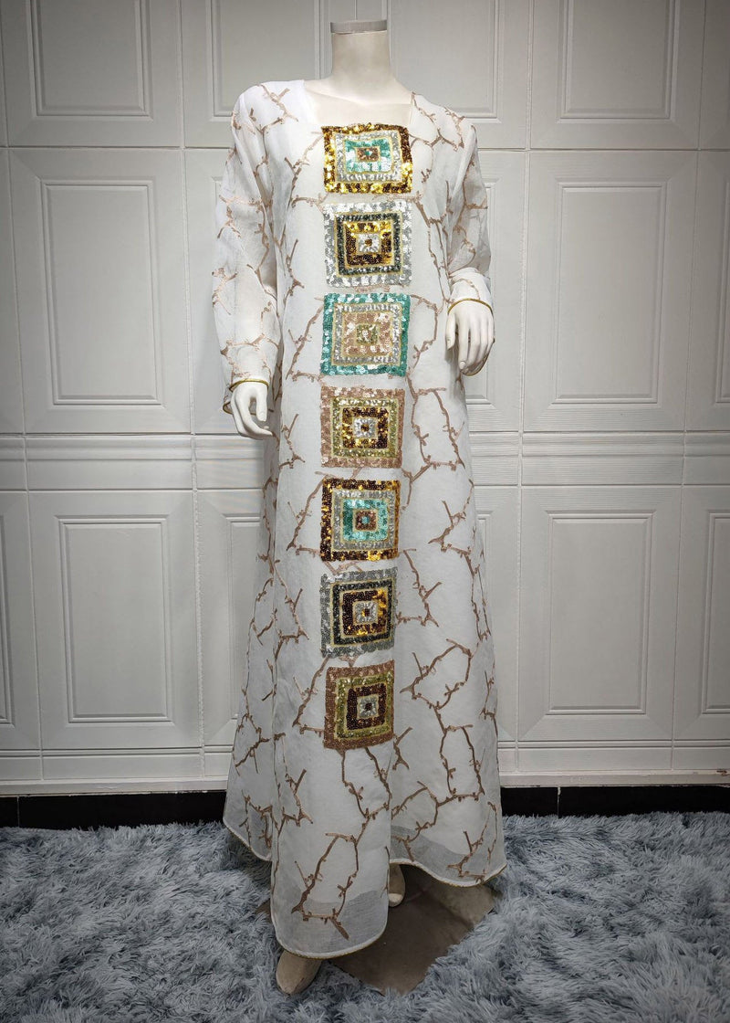 Brief White O-neck Embroideried Tulle Maxi Dress Long Sleeve