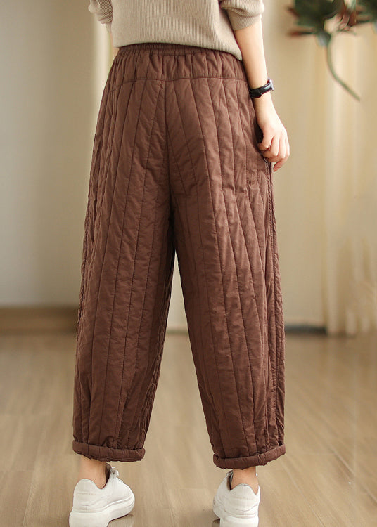 Coffee Cinched Pockets Patchwork Fine Cotton Filled Pants Winter