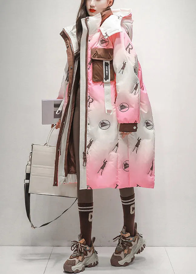Pink Gradient Color Hooded Zippered Duck Down Long Coats Winter