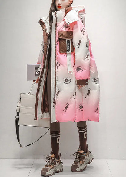 Pink Gradient Color Hooded Zippered Duck Down Long Coats Winter