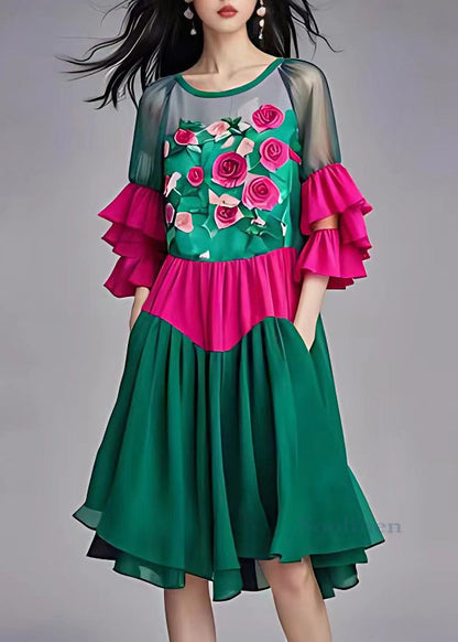 Green Print Tulle Patchwork Chiffon Mid Dress Butterfly Sleeve