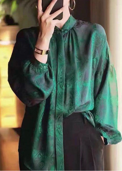 Green Stand Collar Patchwork Jacquard Silk Blouses Fall