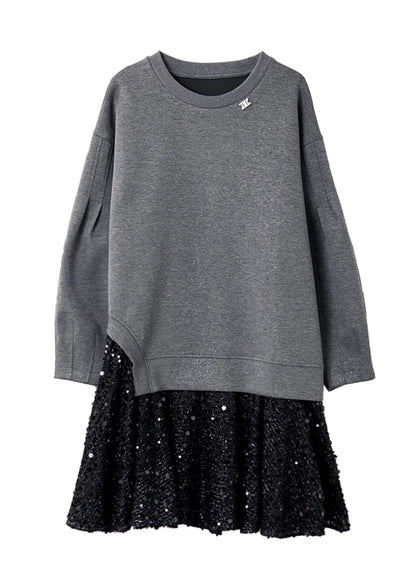 New Grey O Neck Sequins Patchwork Cotton Dress Spring