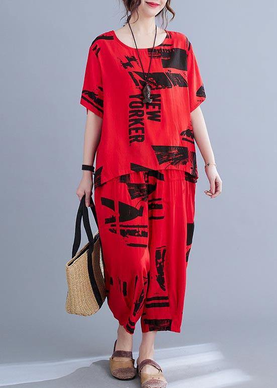 Unique Red Print O-neck Two Pieces Set Summer
