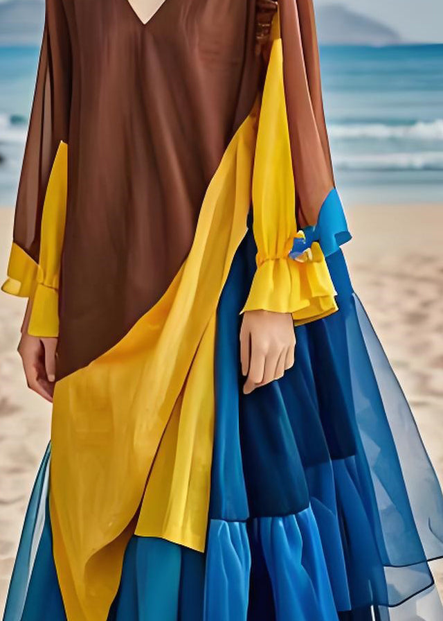 Colorblock Ruffled Chiffon Patchwork Cotton Dress Long Sleeves
