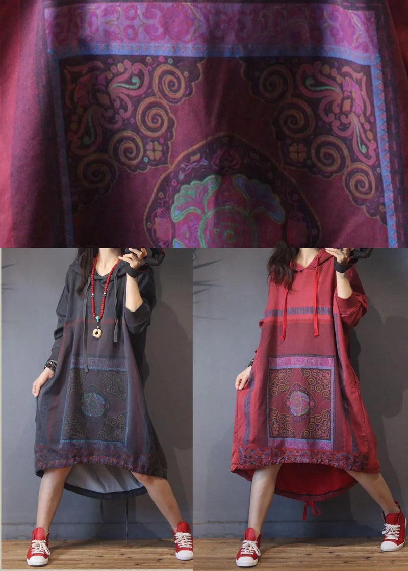 Grey Print Cotton Hooded Summer Dress