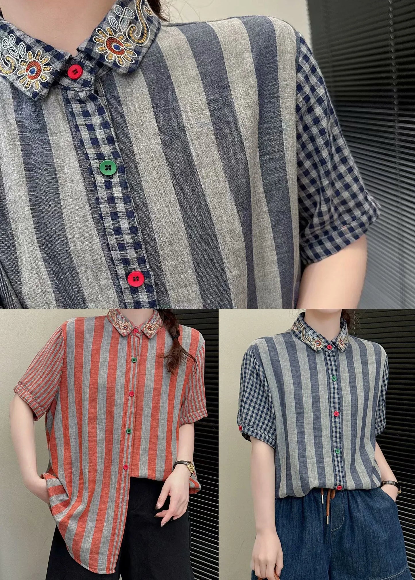 Orange Embroidered Striped Linen Blouses Summer