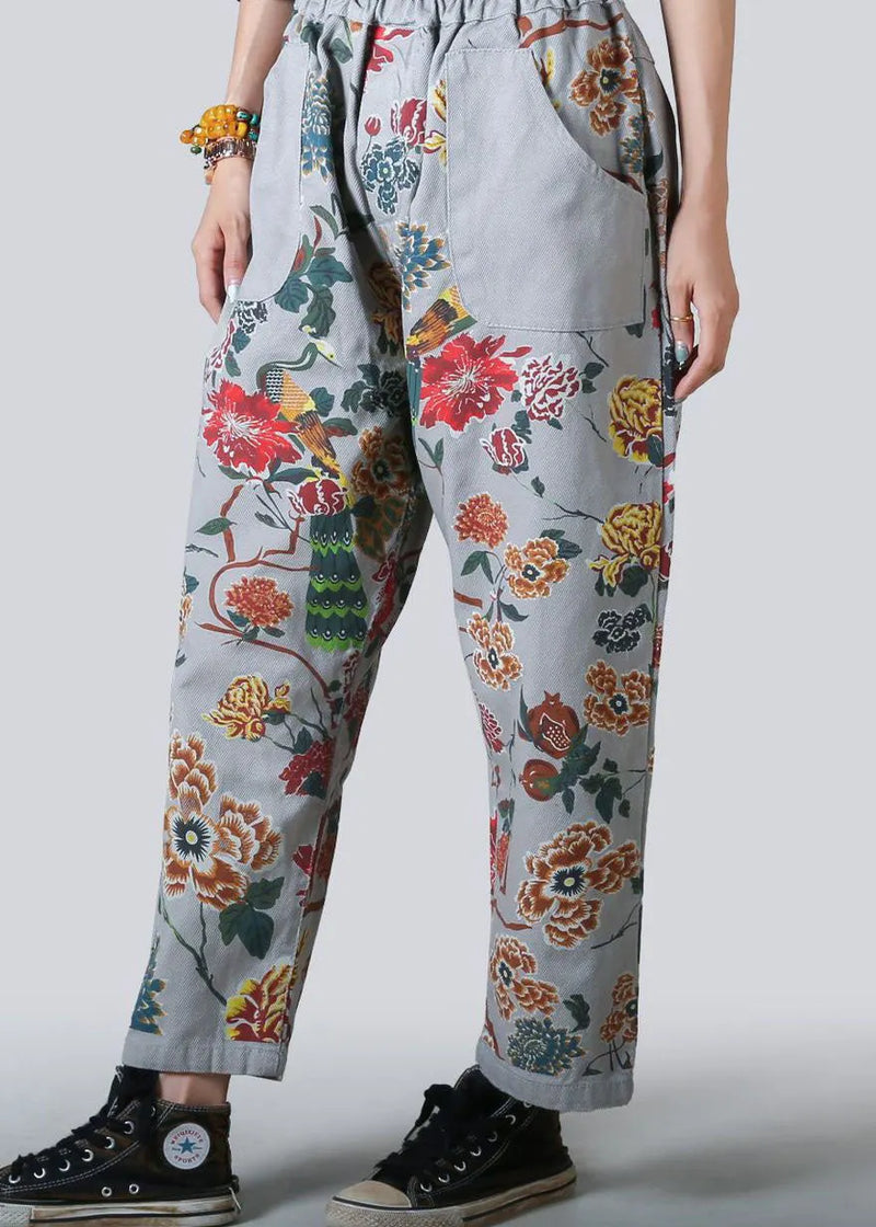 Light Blue Pockets Print Denim Straight Pants Spring