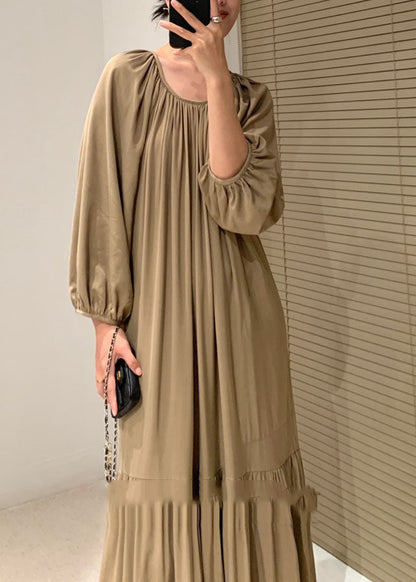 Fine Khaki Patchwork Wrinkled Cotton Dresses Spring
