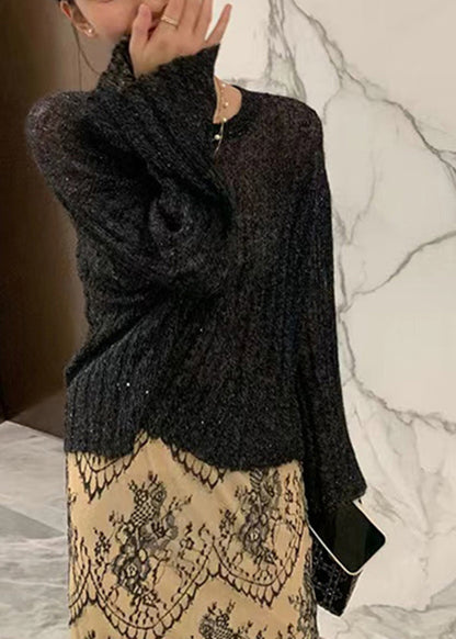Beige O Neck Knit Sweaters Flare Sleeve