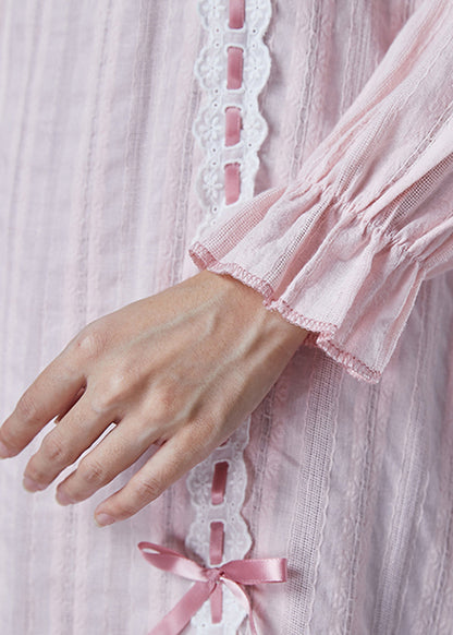 Fitted Pink Ruffled Patchwork Bow Cotton Long Dress Spring