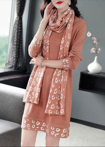Pink O-neck Patchwork Scarf Long Knit Dress Long Sleeve