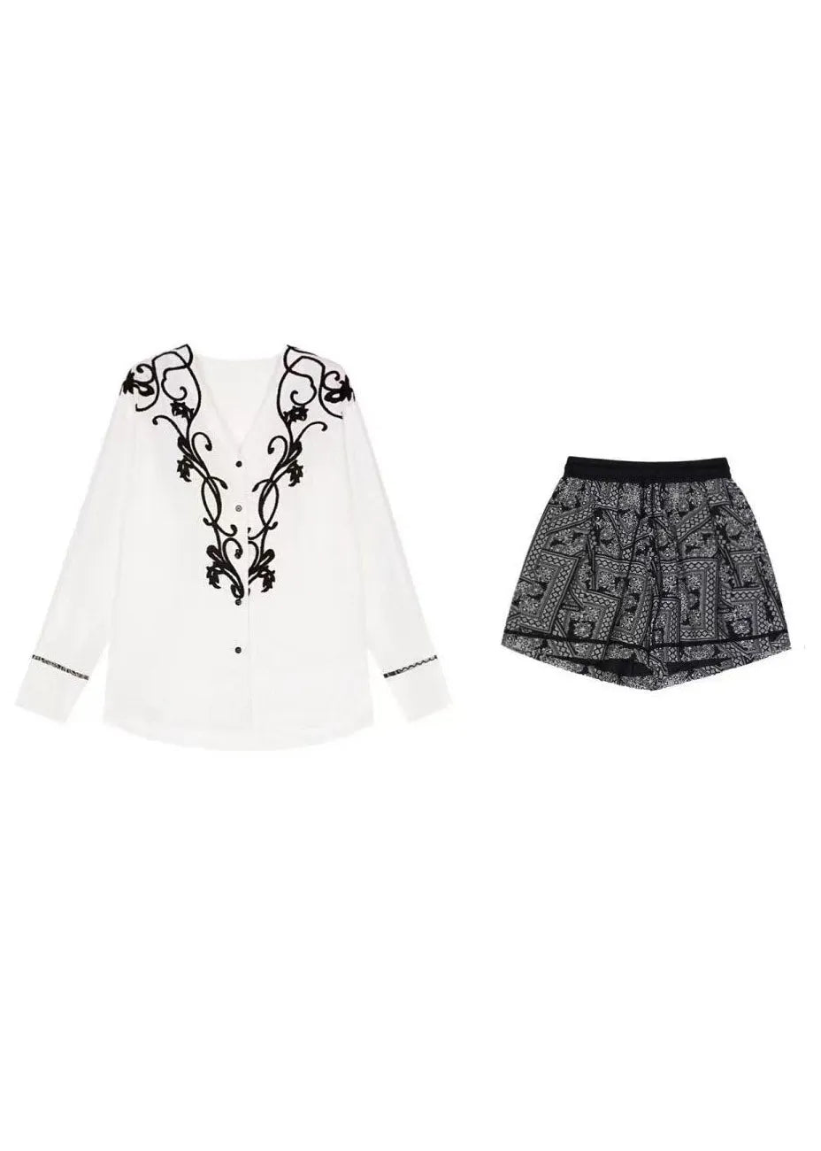Original Design White V Neck Print Shirt and Shorts Two Pieces Set Spring