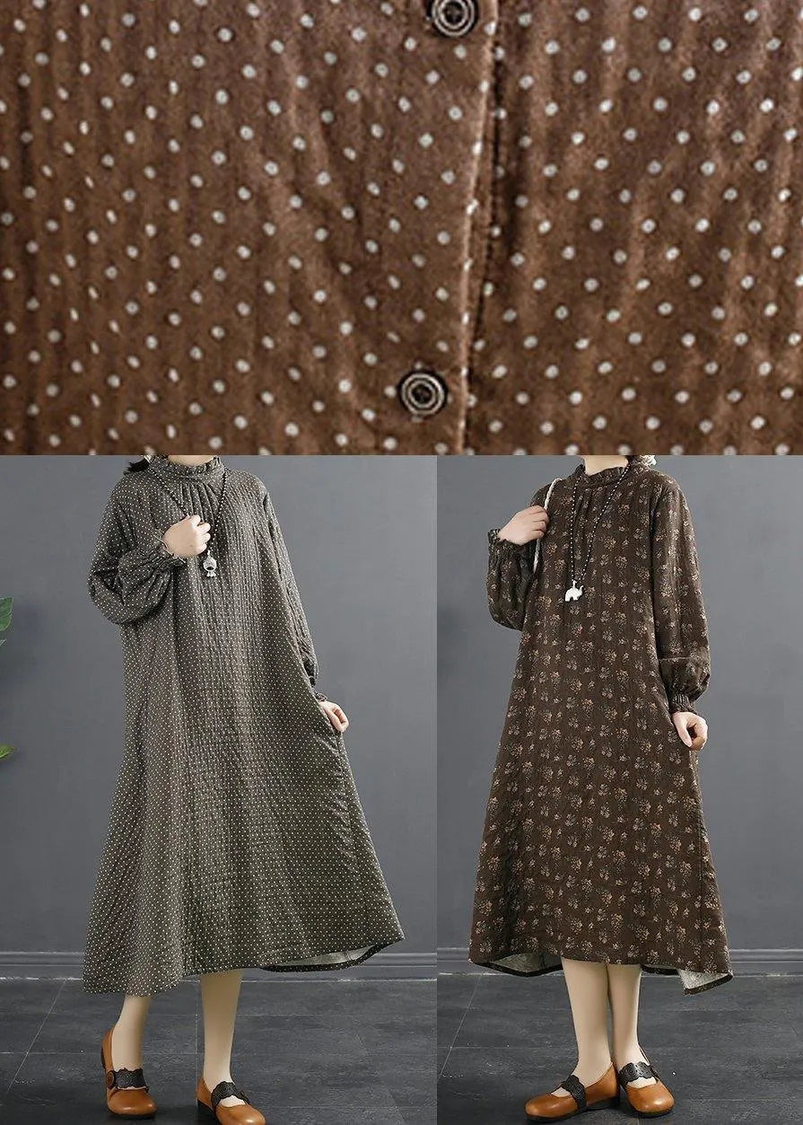 Stand Collar Tunic Dress Work Outfits Chocolate Dotted Maxi Dress