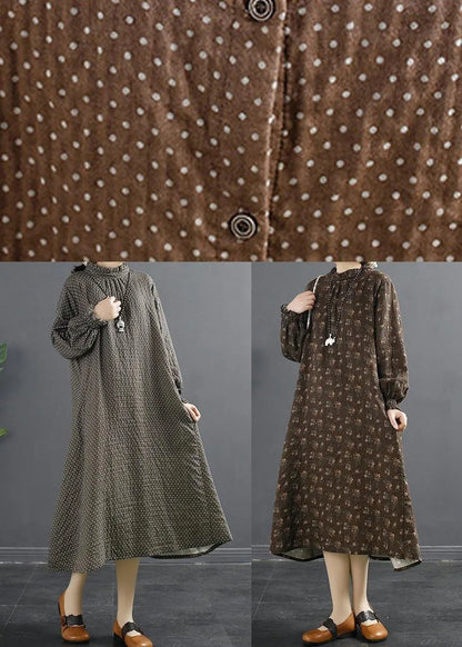 Stand Collar Tunic Dress Work Outfits Chocolate Dotted Maxi Dress