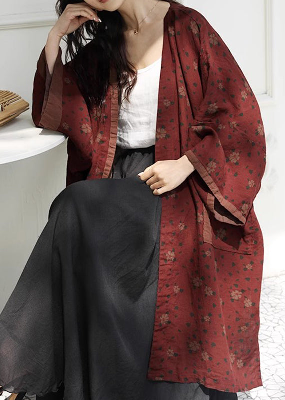 Red V Neck Print Pockets Linen Cardigans Fall