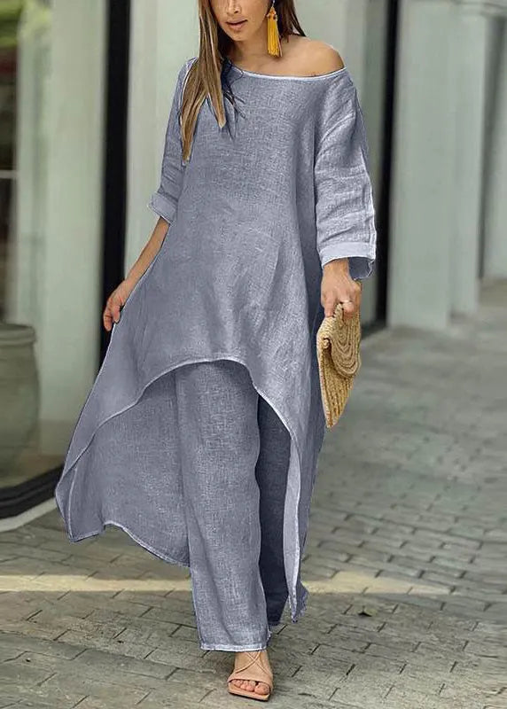 Simple Baby Blue Asymmetrical Patchwork Top and Wide Leg Pants Two Pieces Set Half Sleeve